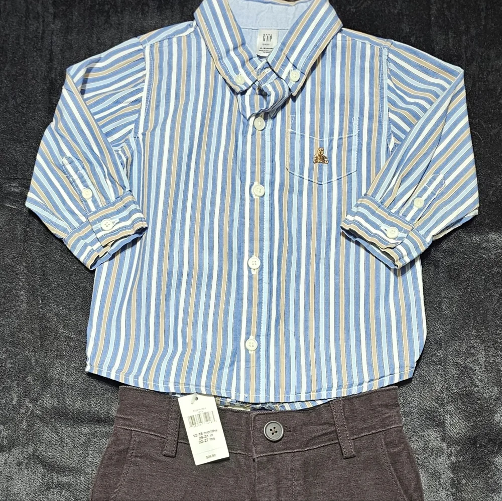 Y2K Baby Gap 12–18M Dress Shirt‎ & Brown Pants Outfit Set NWT Brannan Bear